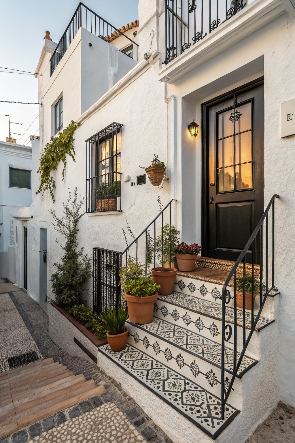 White stucco house facade on a narrow street with patterned black-and-white tile steps leading to a black wood front door, black wrought iron railings and balcony, potted plants, climbing vines, and warm sunset light.