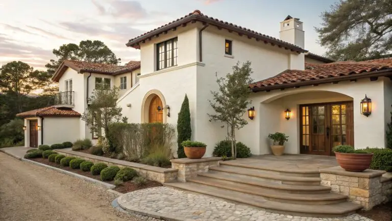 White stucco house exterior with red tile roof, large arched wooden double doors as main entry flanked by lanterns and large terracotta pots, stone steps leading from gravel path, surrounded by low plants, trees, and stepping stones.
