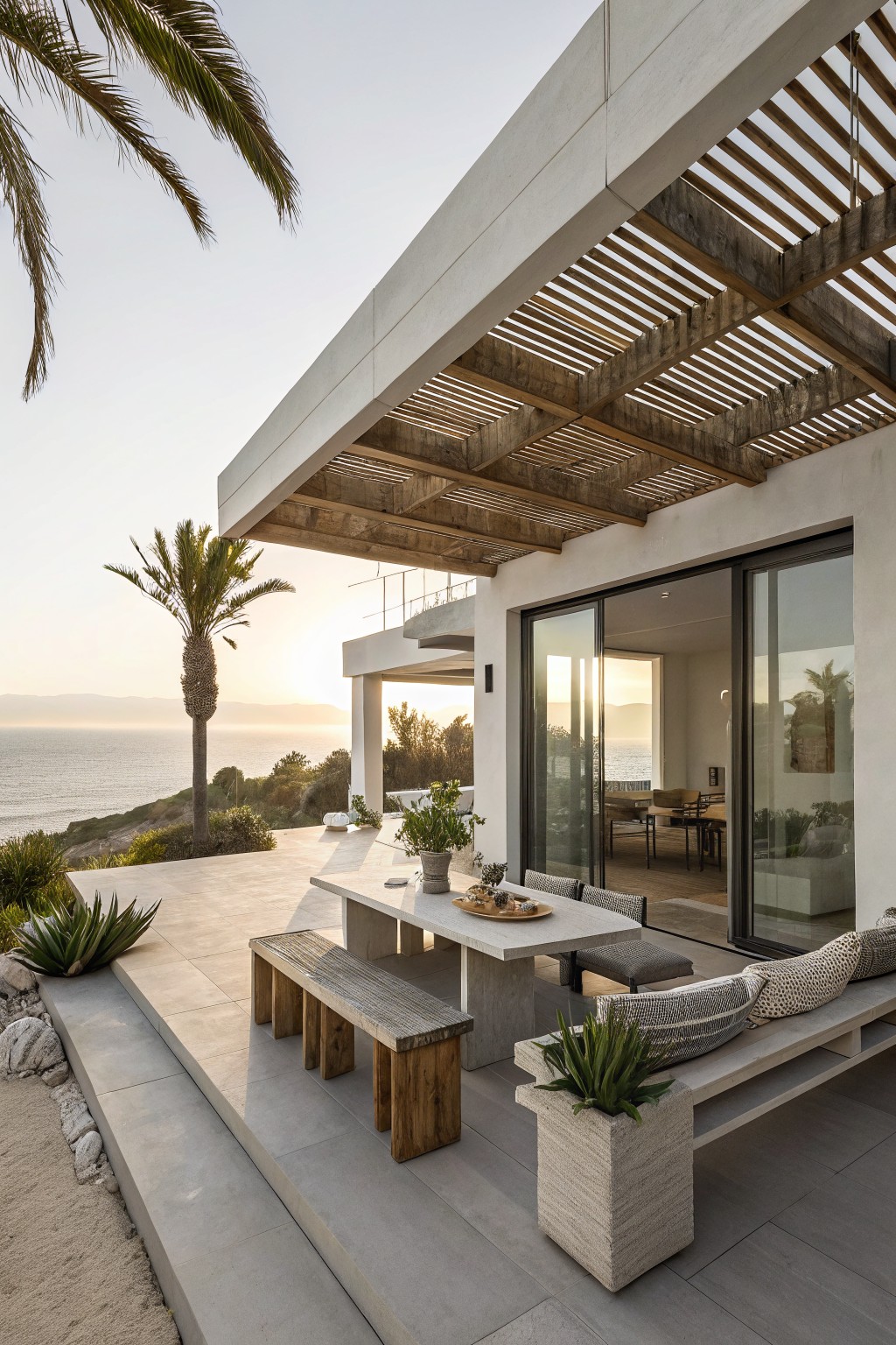 White stucco house exterior with overhanging slatted wooden pergola above a terrace that includes a white dining table, wooden benches, potted plants, and sliding glass doors, overlooking the ocean and coastline at sunset.