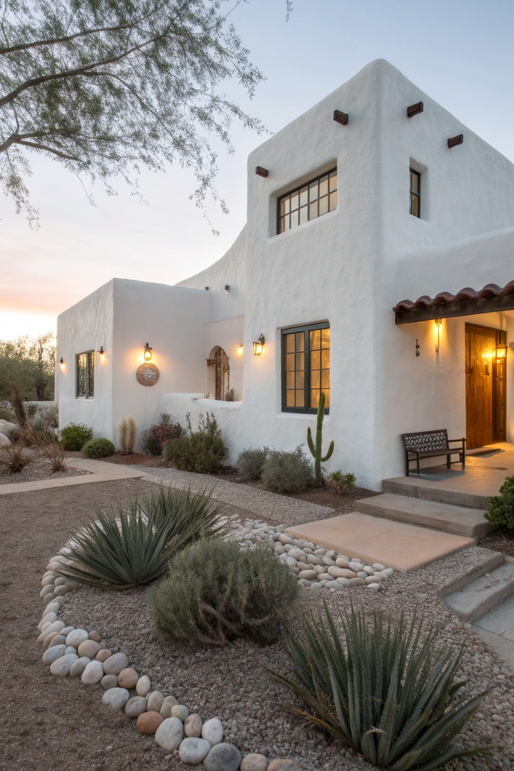 White rounded stucco house corner with wooden vigas, dark-framed windows, wooden entry door, metal bench on porch, and desert landscaping of agave plants, gravel, and rocks at dusk.