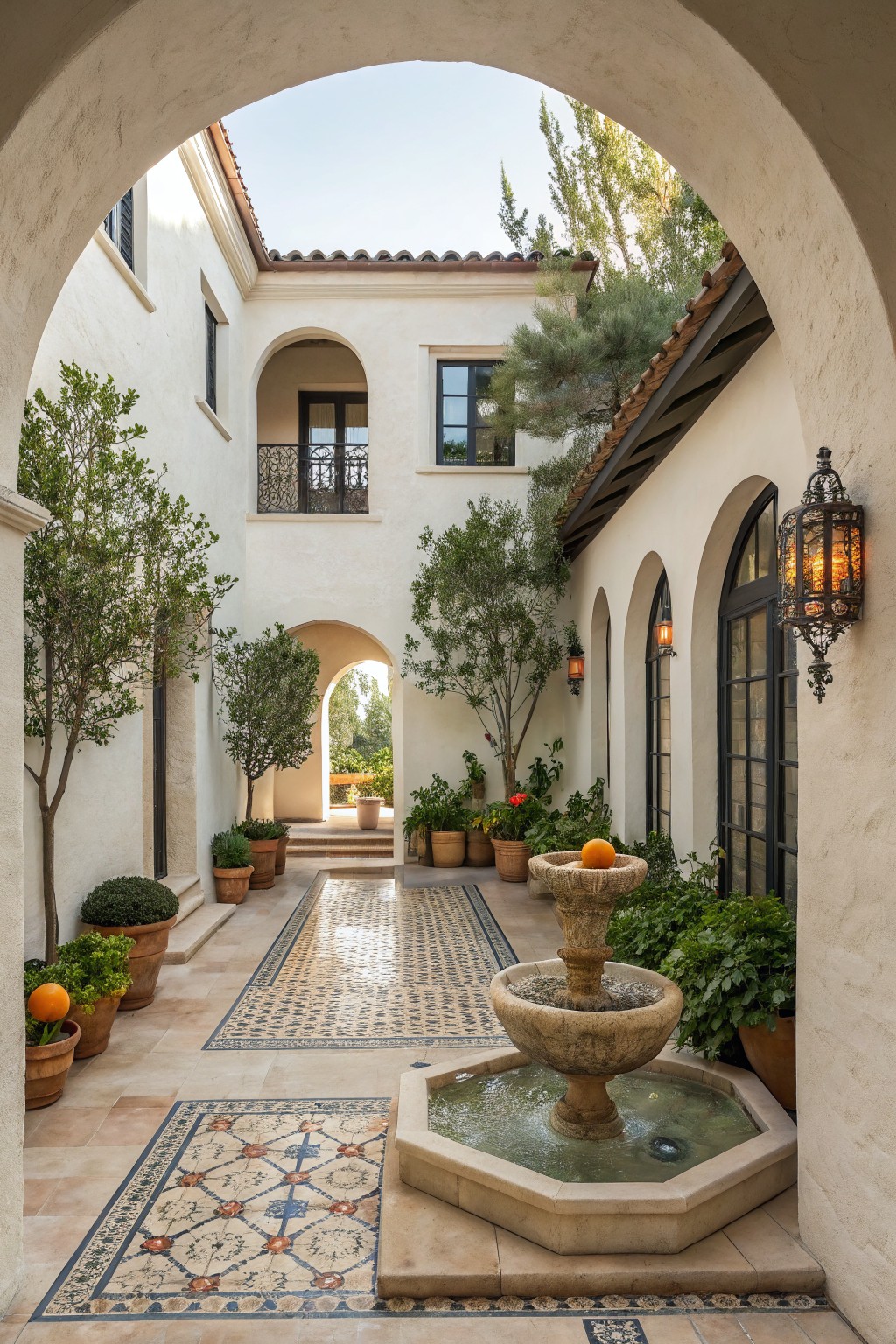 White stucco courtyard with an octagonal stone fountain at center, surrounded by patterned tile walkways, potted plants and trees, arched doorways, and lanterns on walls.