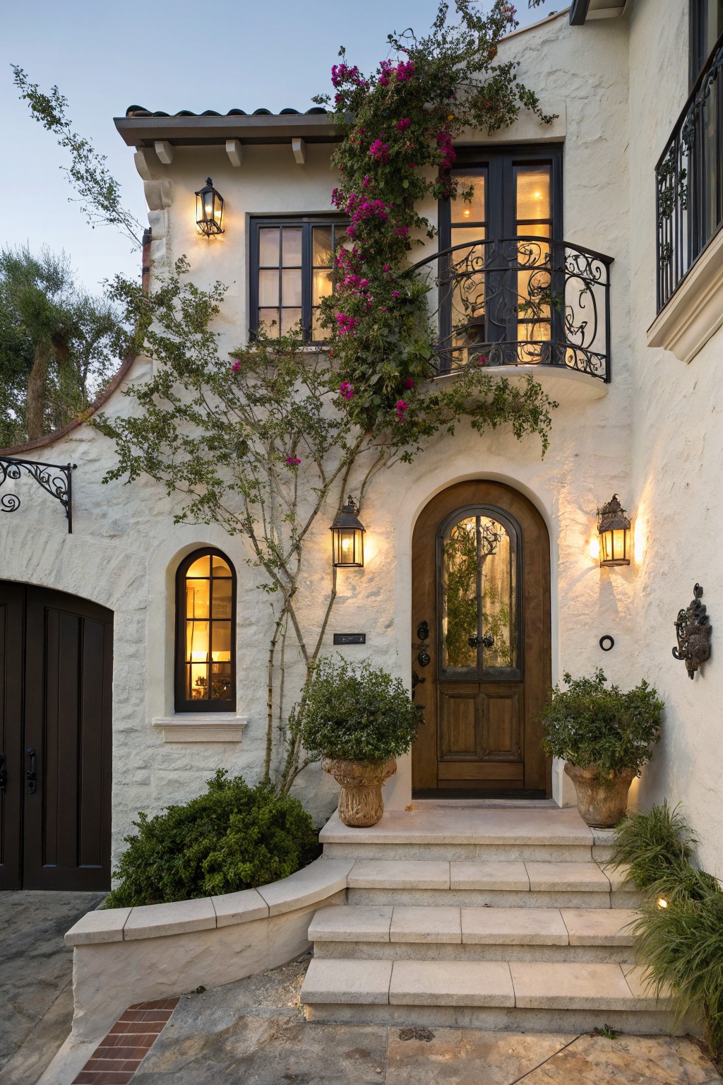 White stucco house exterior with arched wooden front door, wrought iron lanterns, climbing pink bougainvillea on balcony and walls, garage doors, potted plants, and stone steps.