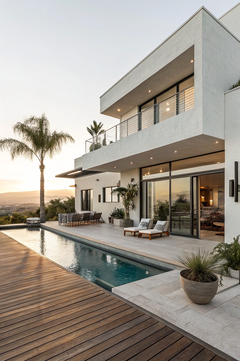 Side view of a modern white stucco house with cantilevered upper volumes, large glass sliding doors, wooden deck beside infinity pool, potted plants, palm tree, and distant hillside at sunset.
