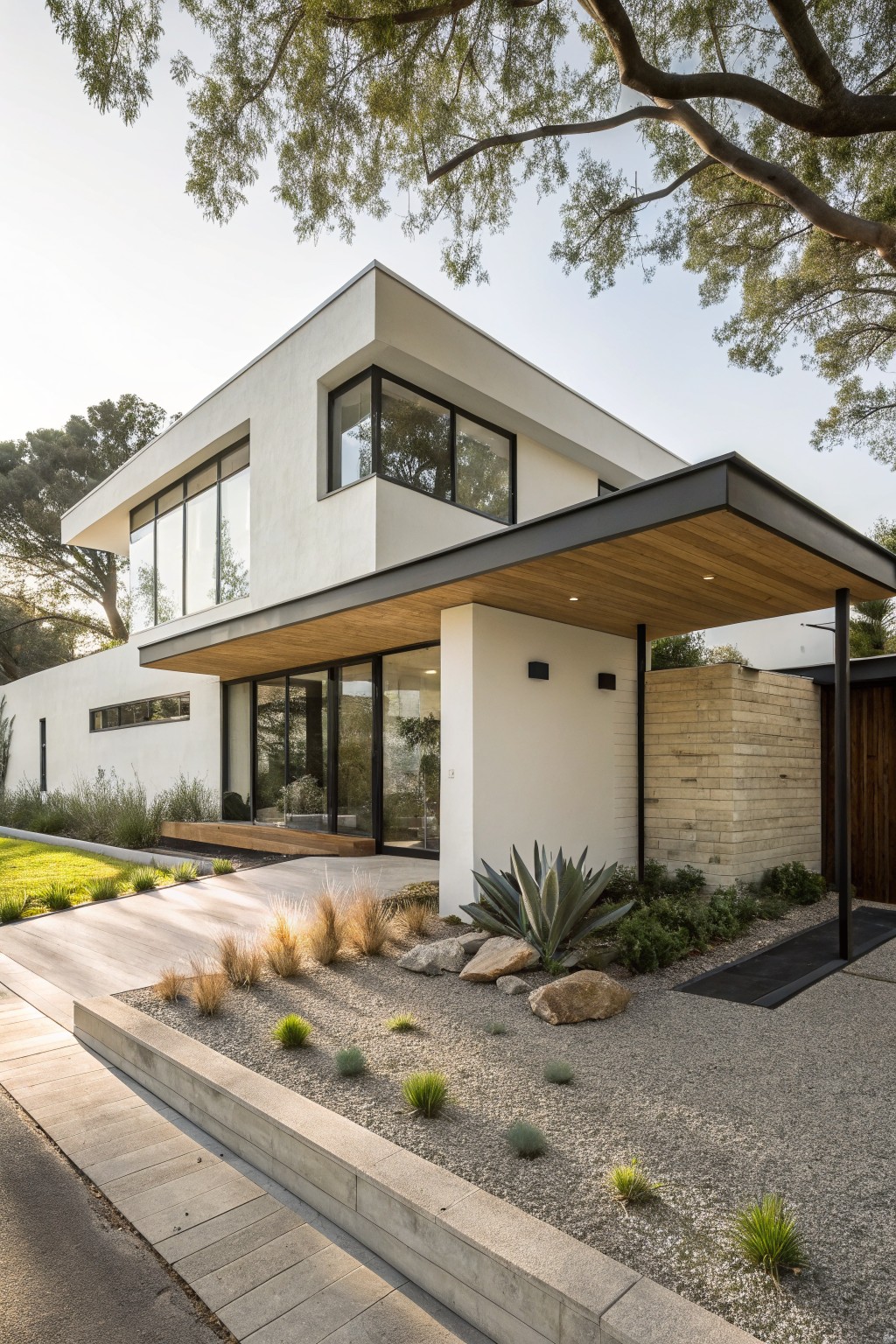 Two-story white stucco house exterior featuring a cantilevered wooden entry canopy over glass doors, flanked by stone walls and desert landscaping with agave plants and gravel.