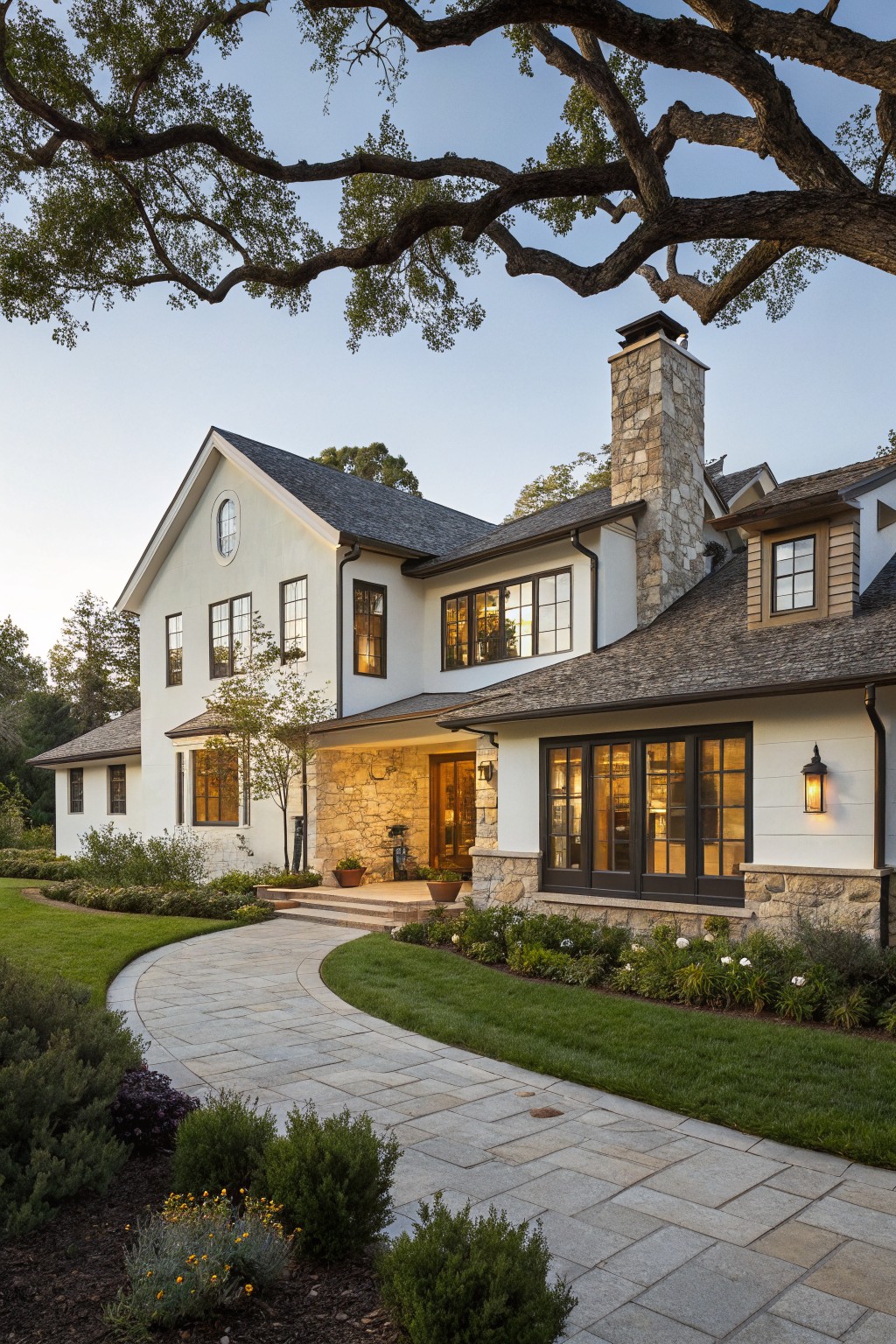 Two-story white stucco house with gabled dark shingle roof, tall stone chimney, multiple black-framed windows, stone-based entry porch with wood door, curved gray stone pathway, lawn, shrubs, and oak trees.