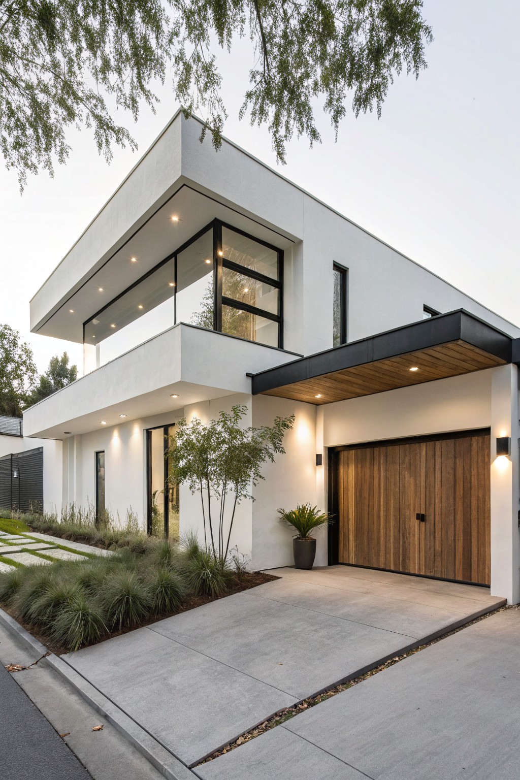 Modern two-story white stucco house exterior with black-framed windows, cantilevered roof, large wooden garage door, front landscaping with grasses and trees, and concrete driveway.