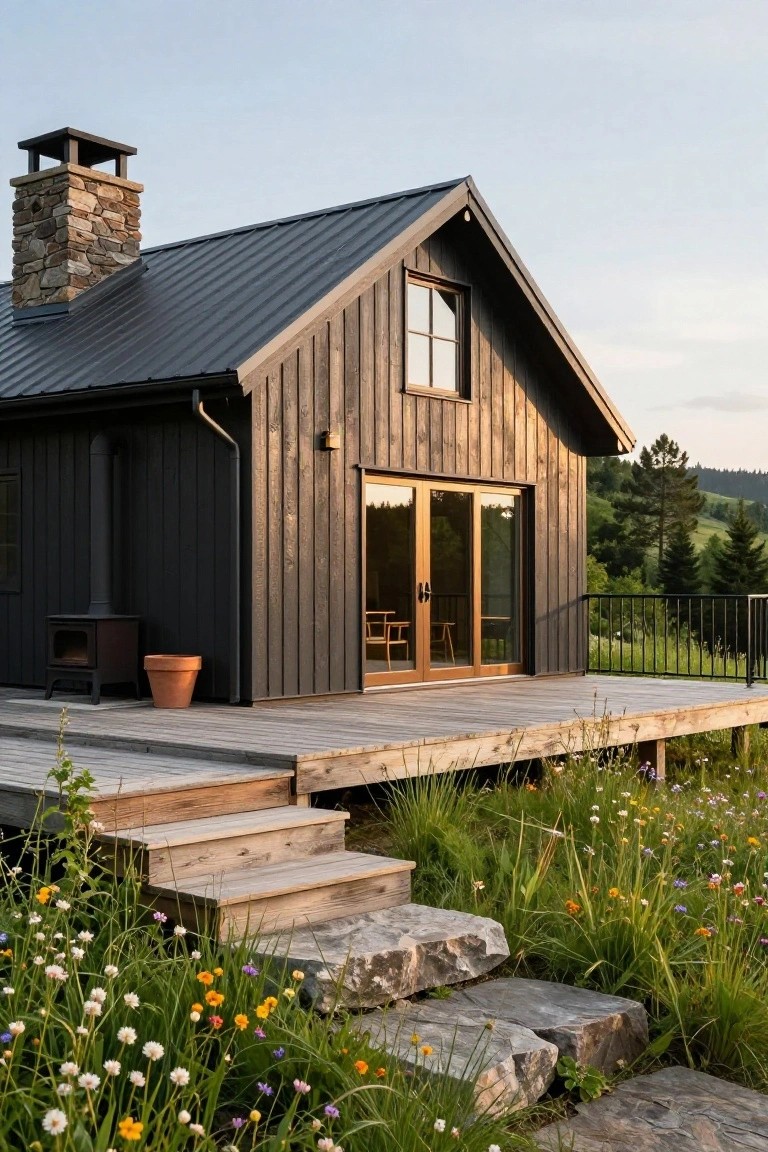 Small cabin with dark vertical wood siding, gray metal roof, stone chimney, black exterior stove, wooden deck with glass doors and railing, steps to rocky area amid wildflowers and grass against pine-covered hills.