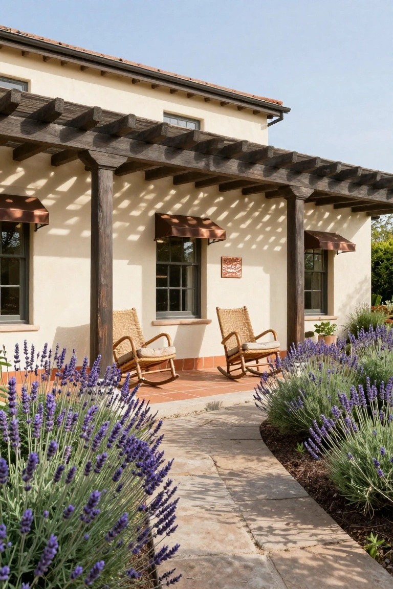 Cream stucco house exterior featuring a wooden pergola-covered porch with two wicker rocking chairs, copper awnings over windows, terracotta roof tiles, and lavender plants bordering a stone walkway.
