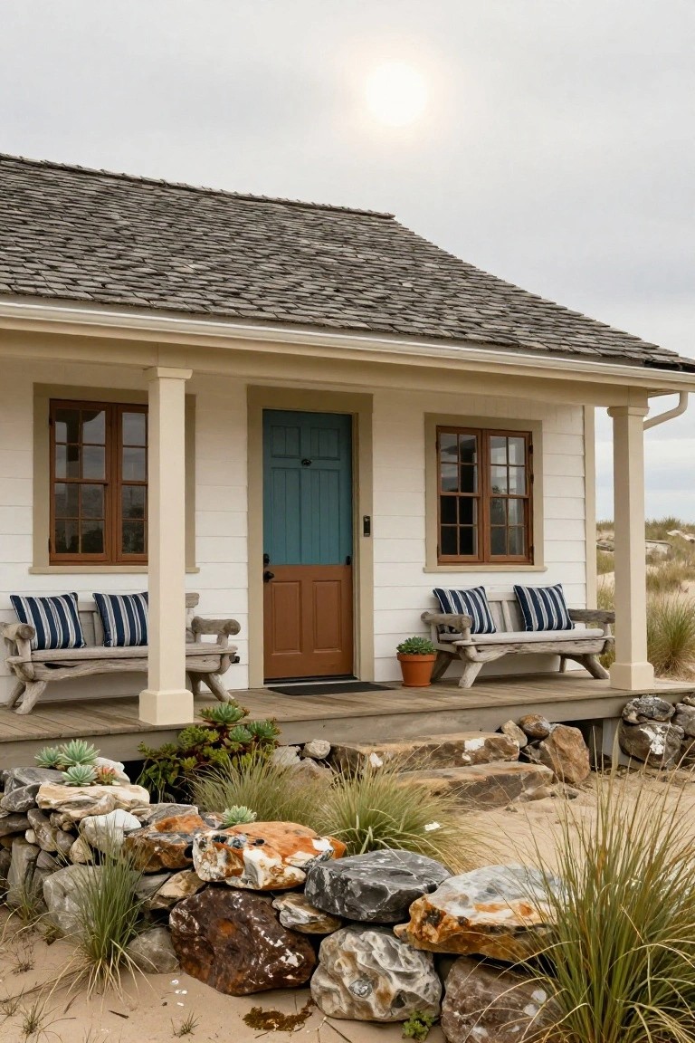 Small white board-and-batten house with turquoise blue front door, tan wood-framed windows, driftwood bench with blue striped cushions on covered porch, stone retaining wall with grasses and succulents, sandy dunes in foreground.