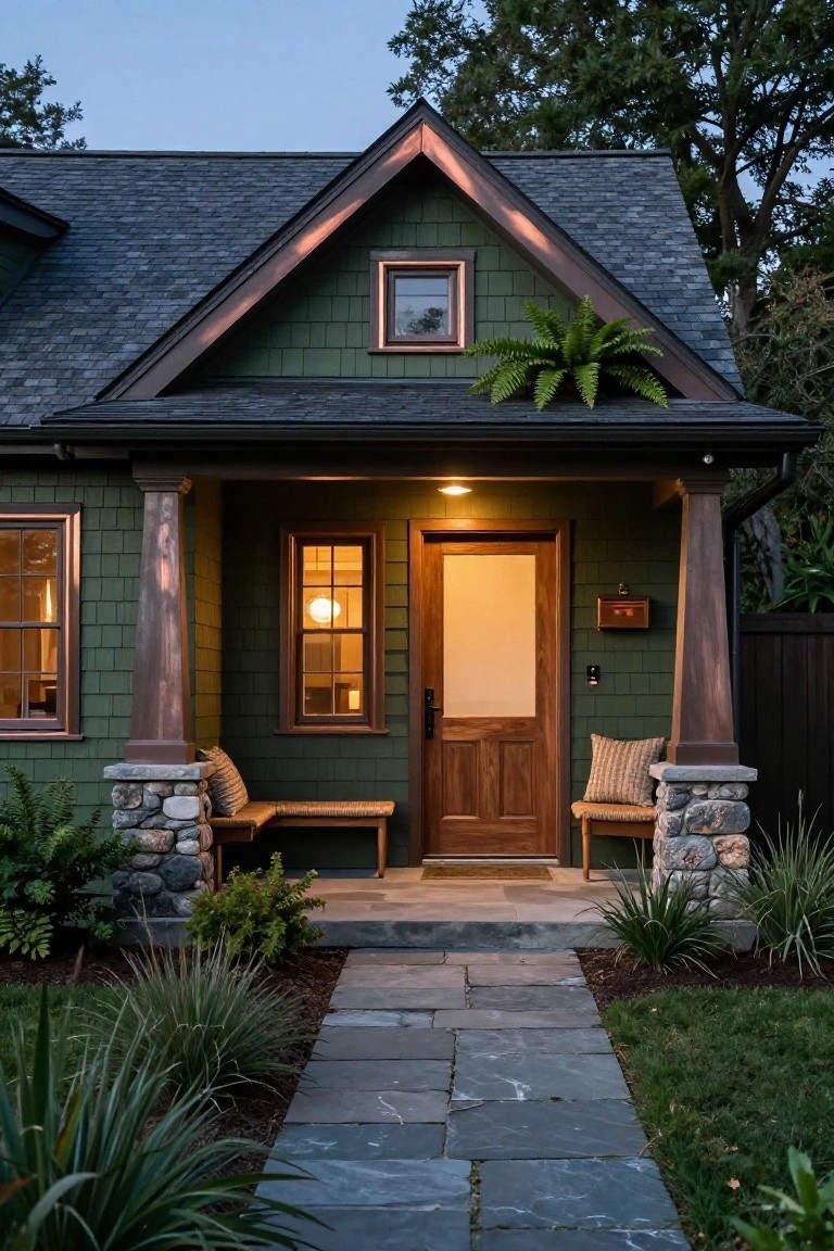 Front view of a dark green shingled Craftsman bungalow at dusk, with bronze-framed windows, copper-toned porch columns on stone bases, wooden front door, small porch bench, and stone pathway lined with plants.