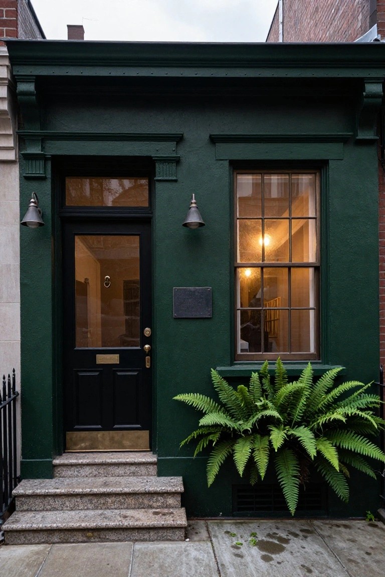 Front exterior of a dark green painted townhouse with black front door, brass hardware, lanterns on either side, lit interior windows, large fern plant, granite steps, and black iron fence.