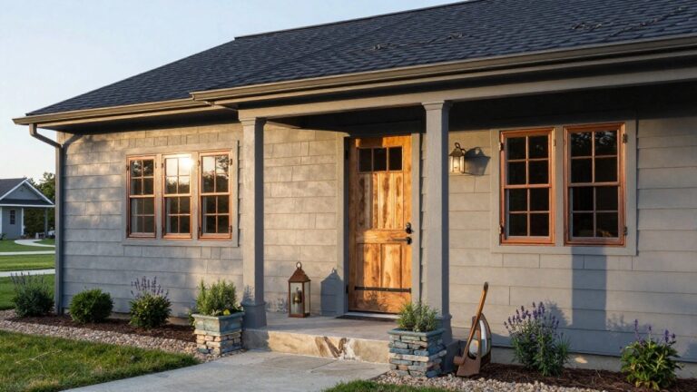 16 Exterior House Colors With Bronze Windows That Add Rich Warmth Gray clapboard shed exterior with bronze-framed six-over-six windows, wooden screen door, wall lantern, potted rosemary and lavender plants beside concrete steps on gravel path.