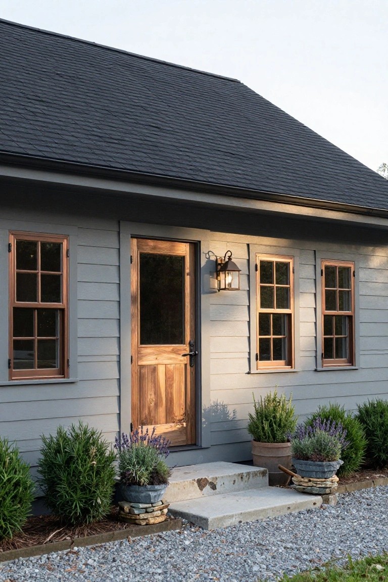 Gray clapboard shed exterior with bronze-framed six-over-six windows, wooden screen door, wall lantern, potted rosemary and lavender plants beside concrete steps on gravel path.