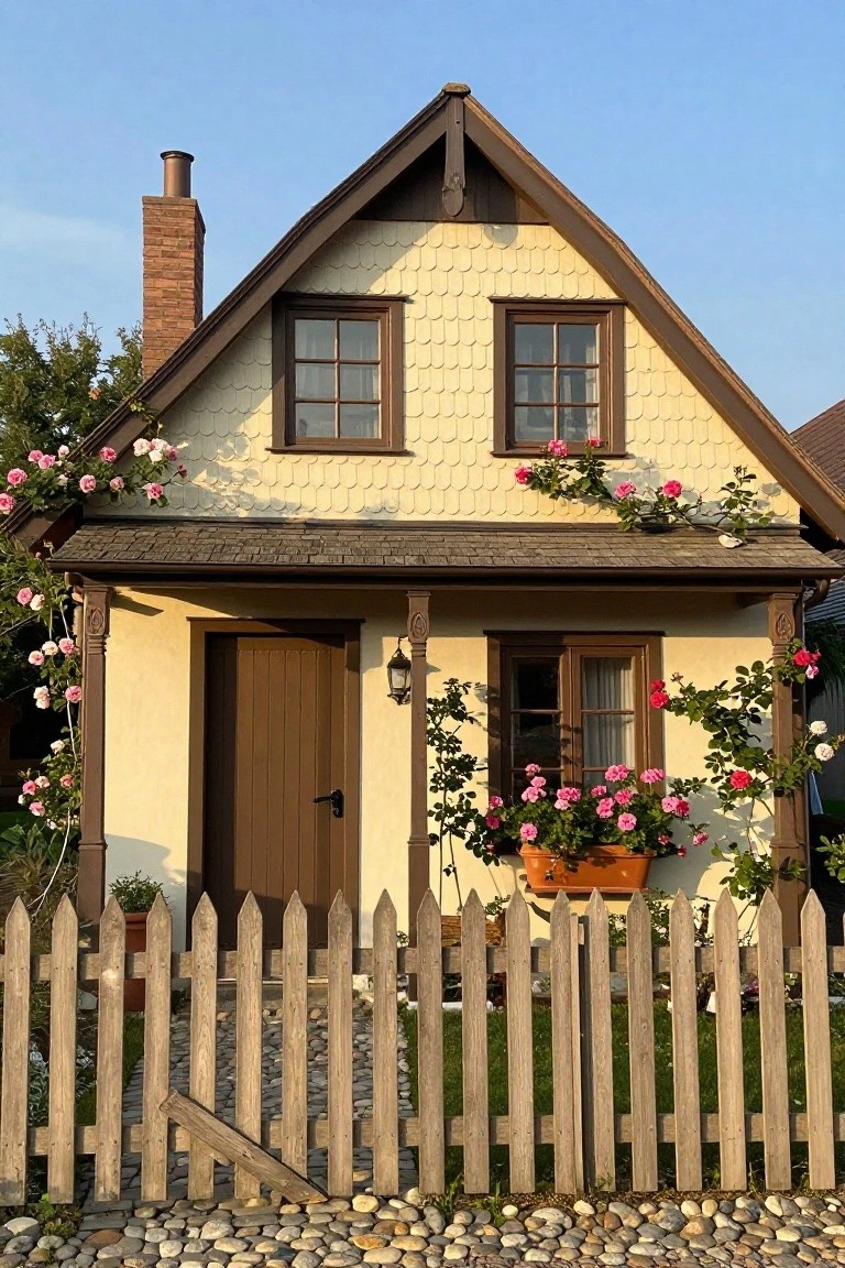 A small two-story house with pale yellow shingle siding, dark brown window frames and trim, wooden porch with climbing pink roses, flower pots, and a wooden picket fence in front of a gravel path.