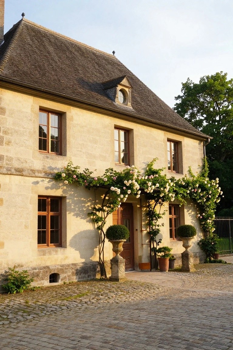 Two-story beige limestone house with dark wood windows and door, pink climbing roses covering the entry area, flanked by topiary shrubs in stone urns on pedestals, set on a cobblestone courtyard with trees nearby.