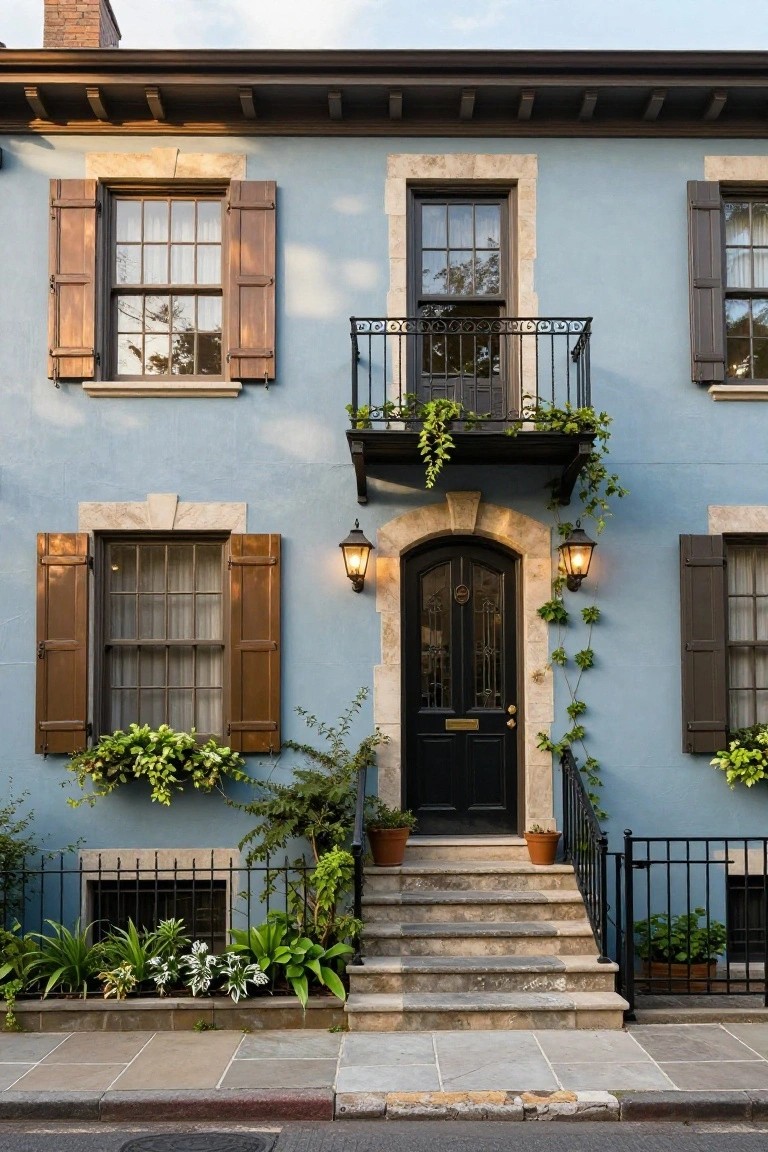 Light blue two-story house facade with brown wooden shutters on multi-pane windows, small second-floor balcony with iron railing and plants, arched black front door flanked by lanterns, stone steps to entrance, ivy and potted plants along the base, black iron fence, on a paved street.