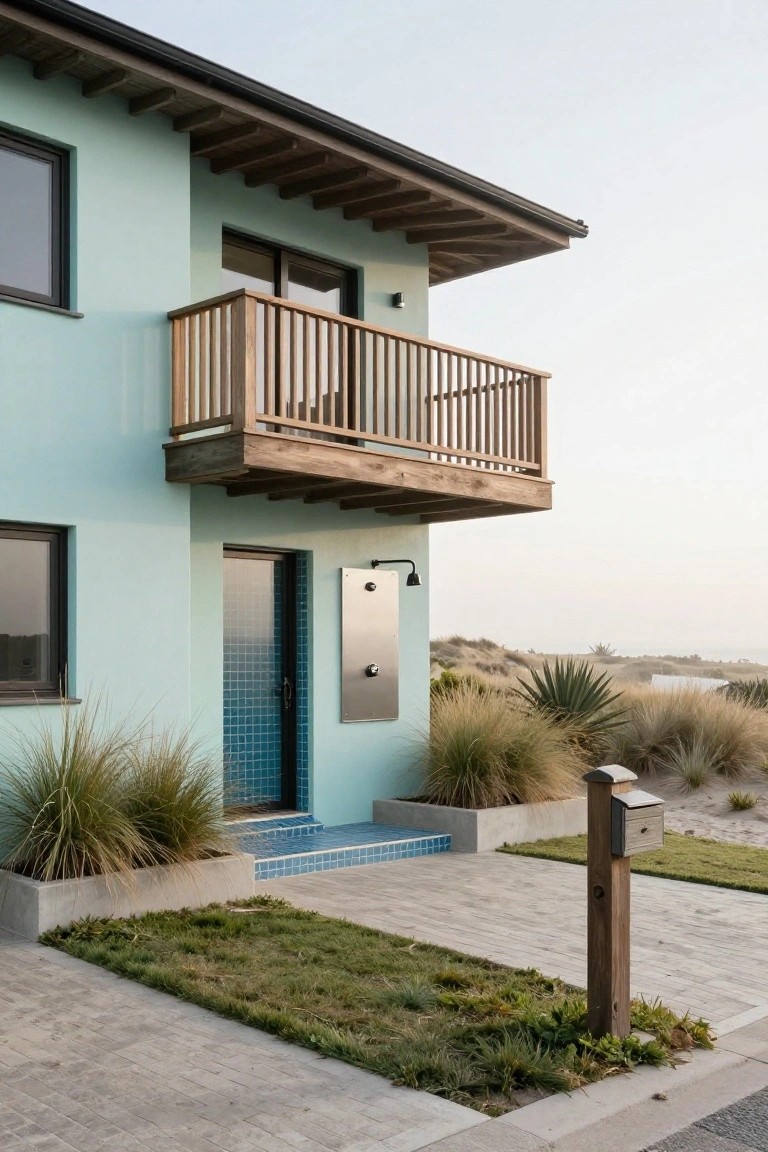 Two-story house with pale turquoise walls, dark-framed windows and doors, wooden balcony overhang, blue-tiled entry with steps, stainless outdoor shower, raised planters with dune grasses, paver pathway, and beach dunes in background.