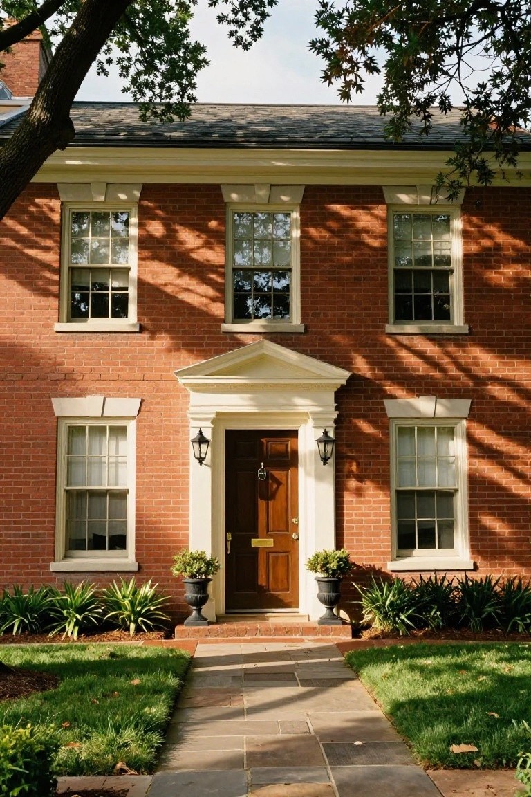 Red brick three-story house facade with white trim and symmetrical double-hung windows, centered wood front door under white pediment supported by columns, flanked by black lanterns and potted plants, slate walkway to green lawn and shrubs under oak tree.