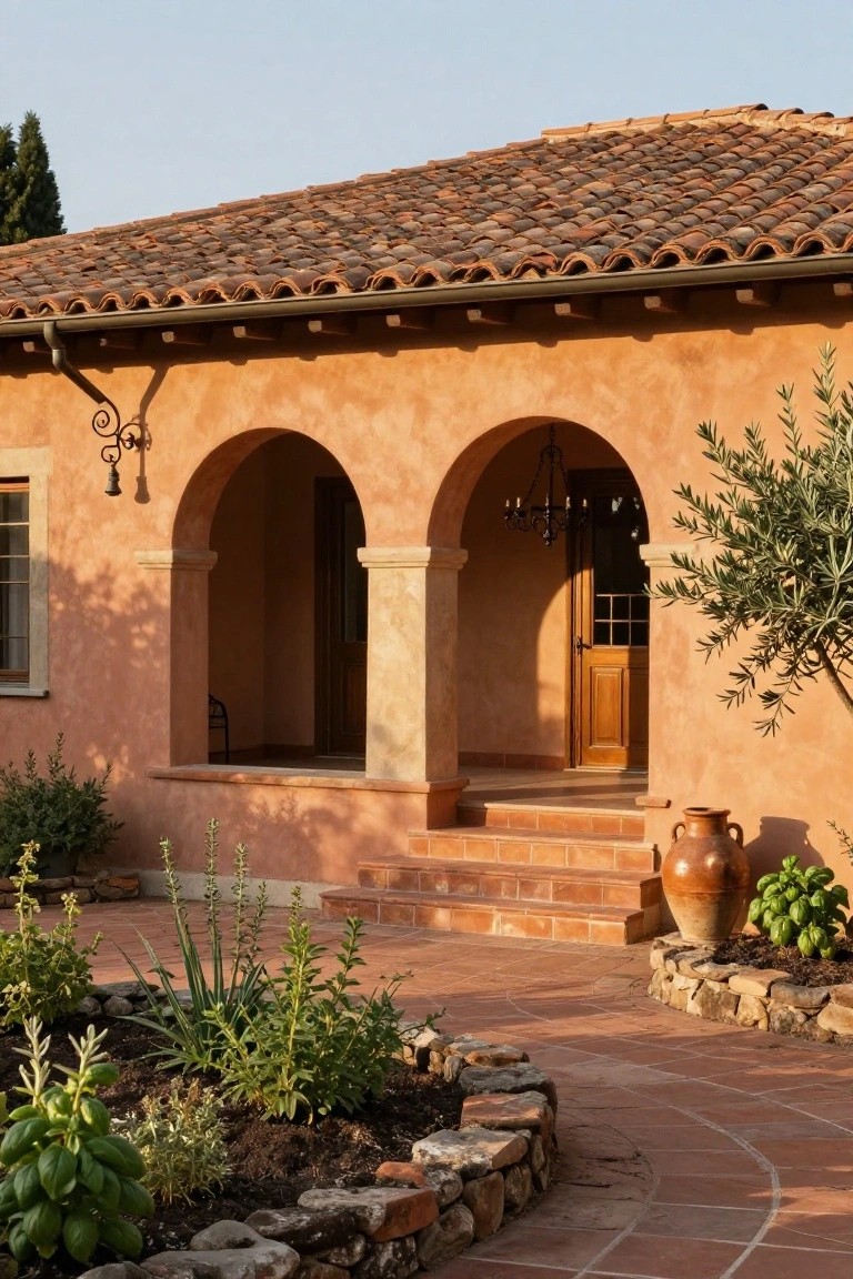 Terracotta stucco house facade with arched entryway, wooden door, wrought iron lantern, terracotta roof tiles, brick steps, olive tree, large terracotta pot, and stone-edged garden bed with herbs.