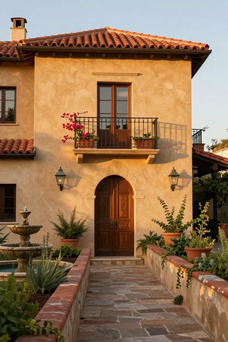 Beige stucco two-story house exterior with red terracotta tile roof, arched wooden double door entry, black metal balcony with potted plants, wall lanterns, stone pathway, fountain, and surrounding plants.