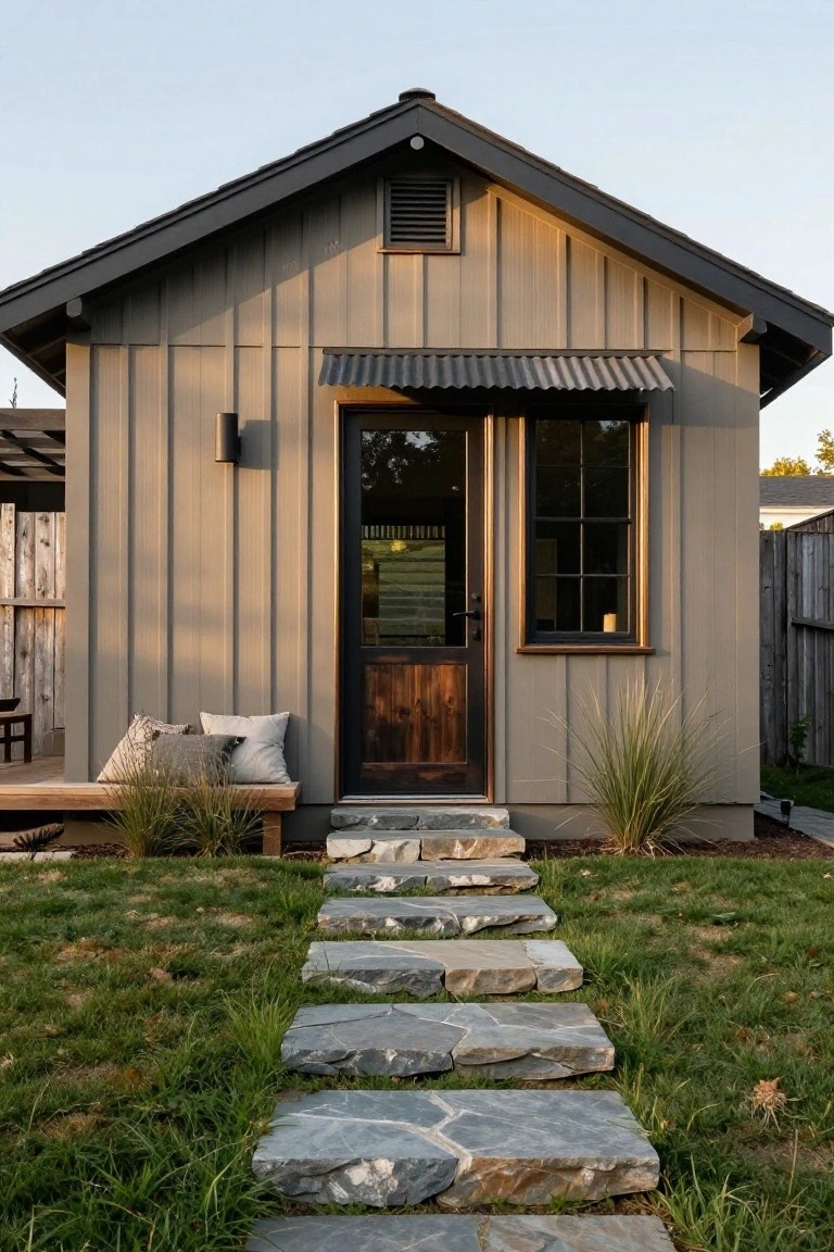 Small gabled cabin with gray board-and-batten siding, bronze-framed glass door and window, wooden bench with pillows beside entry, stone slab steps through grass flanked by ornamental grasses.