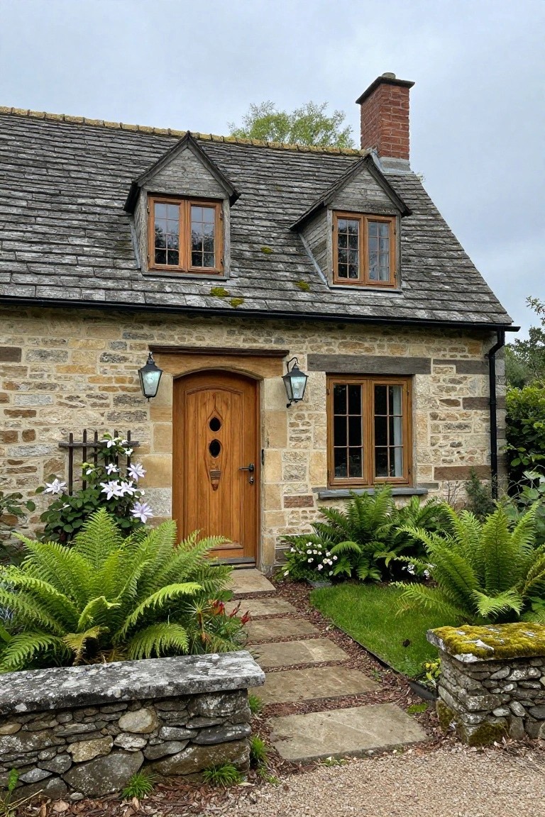A small stone cottage with cream-colored walls, an arched wooden front door with oval windows, wooden-framed side windows, slate roof, brick chimney, flanked by ferns and plants along a stone path.