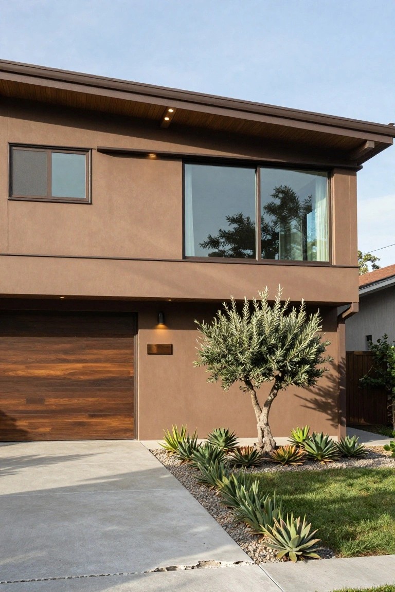 Modern house exterior featuring warm taupe stucco walls, bronze-framed windows and sliding glass door, wooden garage door, and front landscaping with agave plants, olive tree, and gravel edging.