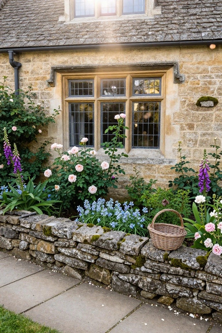 A multipaned window on a honey-colored stone cottage wall framed by pink rose bushes, tall purple foxgloves, bluebells, hostas, and other plants in a flower bed, with a wicker basket sitting on a low stone wall in front.