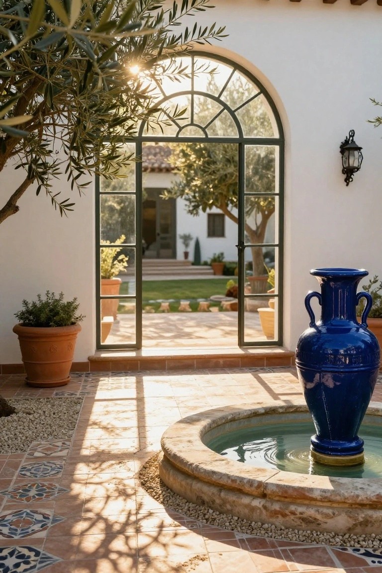 Arched green metal-framed glass doors in a white stucco wall open to a terracotta tiled courtyard with a circular stone fountain holding a tall blue ceramic vase, potted plants in terracotta pots, gravel edging, and a view through to a lawn, olive trees, and garden.