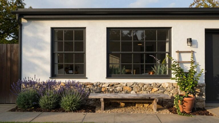 White clapboard house exterior with wooden window box overflowing with lavender and rosemary plants below a triple-pane window, wooden ladder leaning on wall, stone bench, terra cotta pot with ivy, gravel path edged by boxwoods.