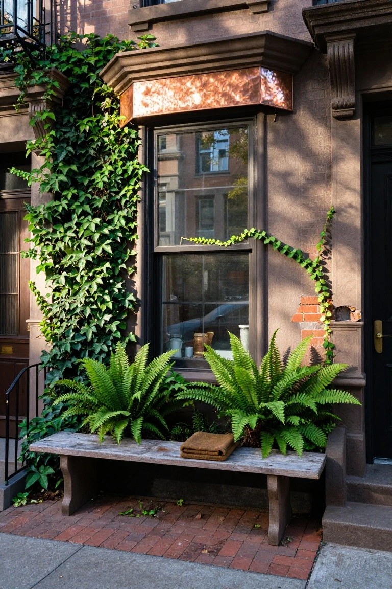 Brownstone facade covered in climbing ivy with vines draping over windows, large potted ferns on a wooden bench next to the black front door, and indoor plants visible through the glass.