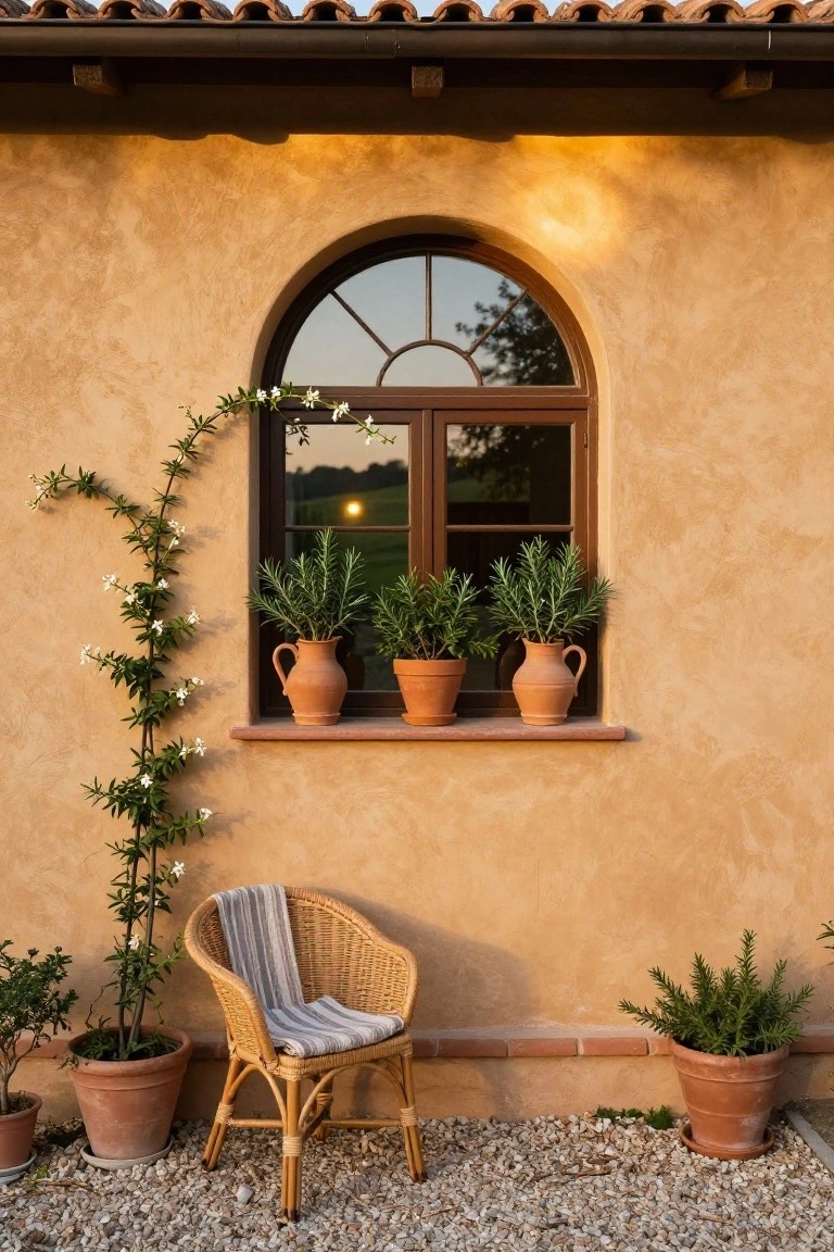 Beige stucco exterior wall with arched wooden window, three terracotta pots of rosemary on the sill, climbing vine trailing alongside, potted plants on gravel ground, and wicker armchair nearby.