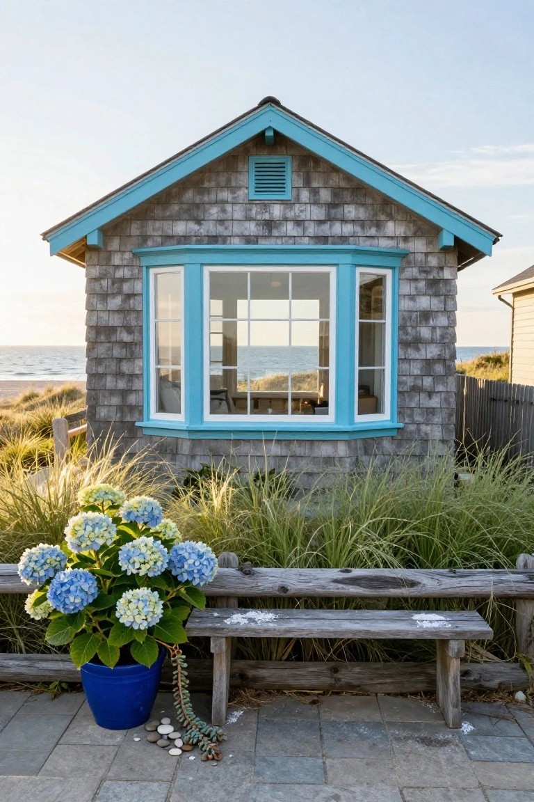 Small gray shingled beach cottage with turquoise bay window overlooking ocean dunes, large blue hydrangea plant in blue pot beside weathered wooden bench on stone pavers, surrounded by beach grass and seashells.