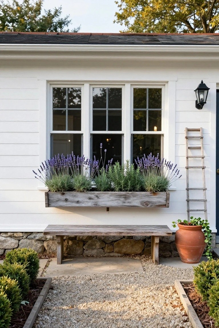 White clapboard house exterior with wooden window box overflowing with lavender and rosemary plants below a triple-pane window, wooden ladder leaning on wall, stone bench, terra cotta pot with ivy, gravel path edged by boxwoods.