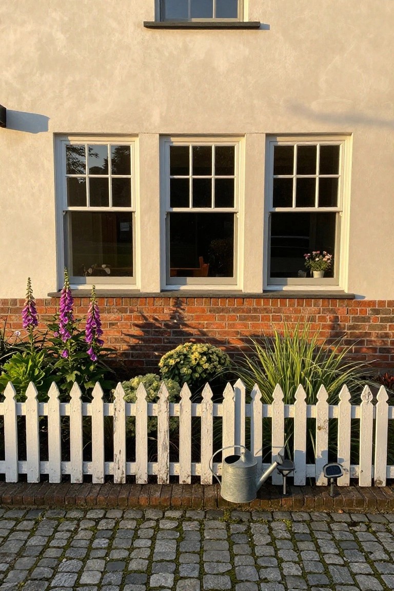 Beige stucco house facade with three multipaned sash windows above a brick plinth, purple foxglove plants in a flower bed edged by white picket fence, metal watering can on cobblestone path.
