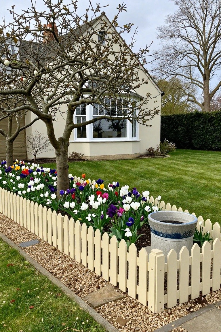 Beige house with bay window next to a flower bed of multicolored tulips edged by low white picket fence, bare tree trunk, gravel path, and mowed lawn.