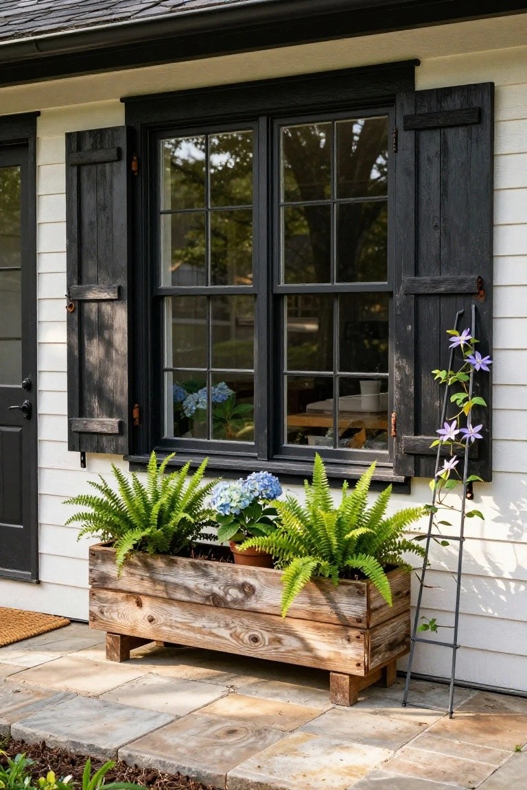 White clapboard house wall with black shutters framing a double window and nearby door, a rustic wooden planter box on legs filled with ferns and a blue hydrangea, purple clematis vine on a metal trellis attached to the shutter, on a stone paver patio.