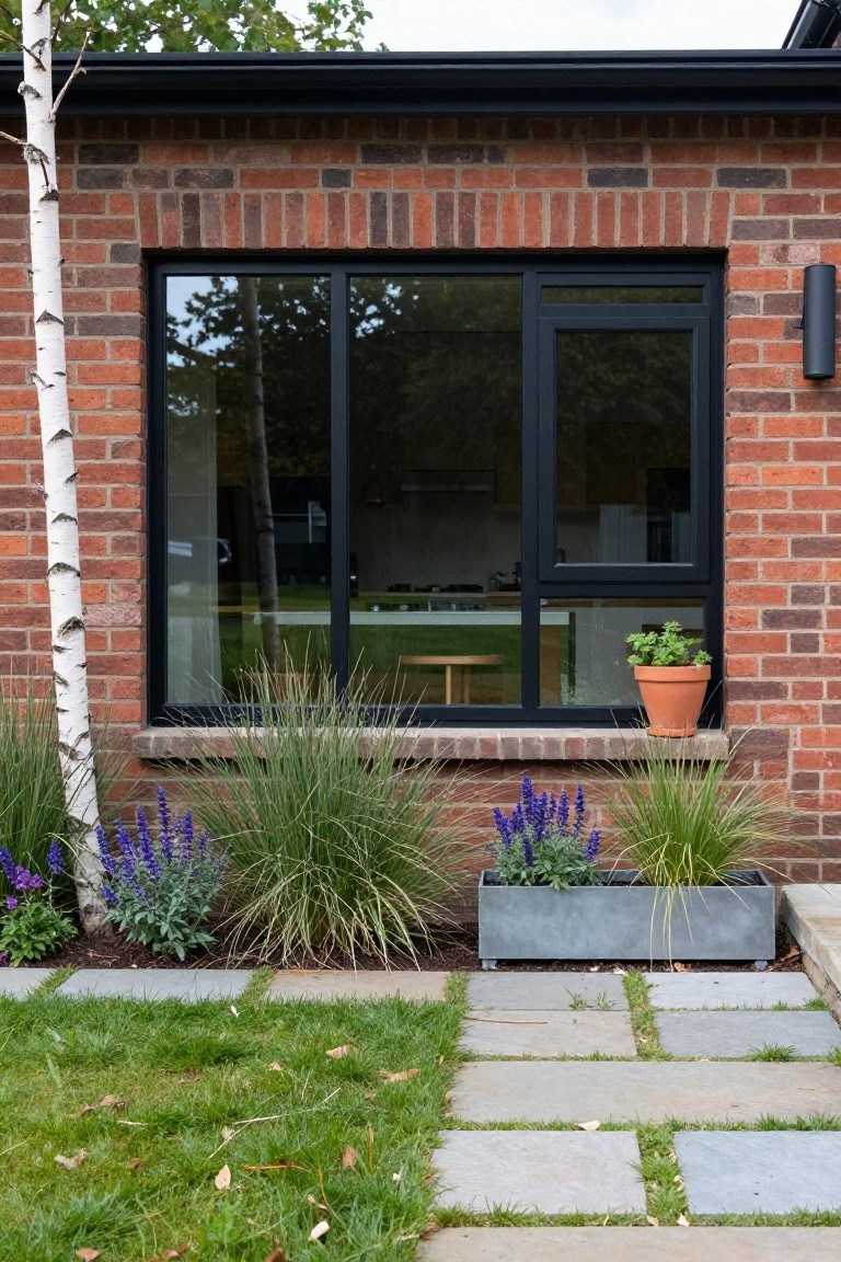 Brick house exterior wall with large black-framed window showing kitchen interior, flanked by a white birch tree and tall ornamental grasses, purple lavender plants in a rectangular metal planter box at the base, a potted plant on the windowsill, and a stone path edged by grass.