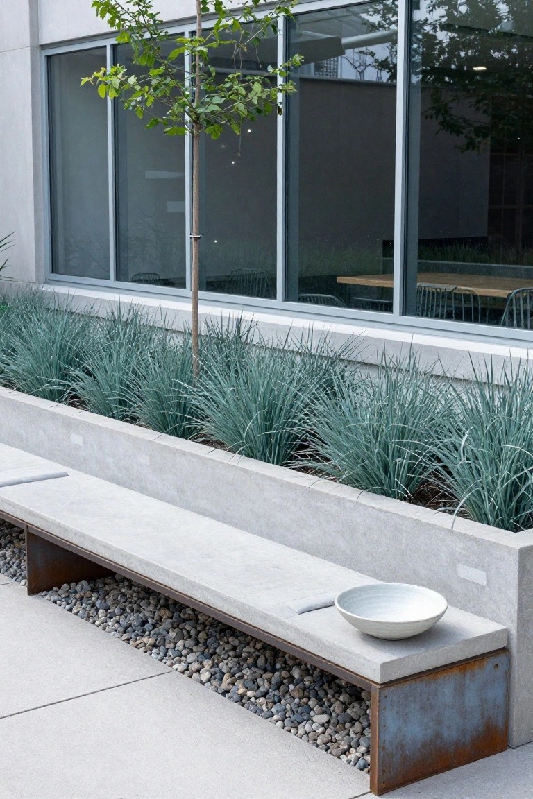 A long concrete bench integrated into a raised planting bed lined with blue-green ornamental grasses beside a modern glass building, with gravel ground cover underneath and a white bowl on the bench.