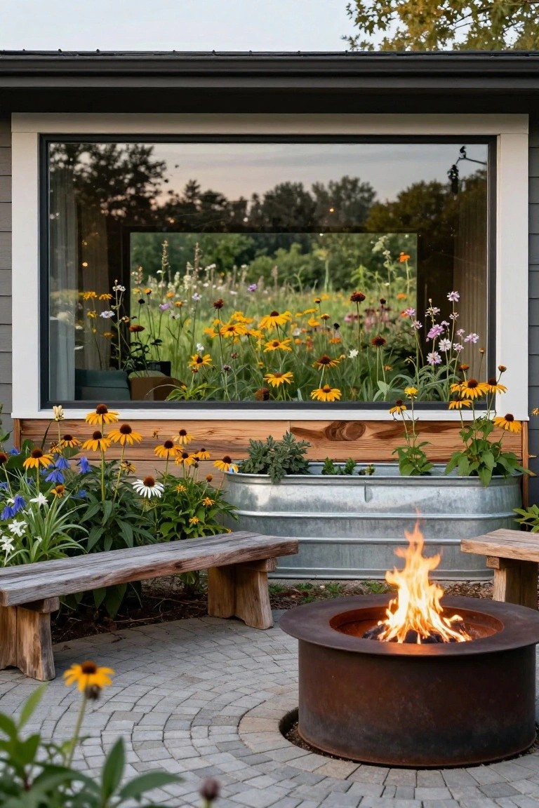 House exterior with a large picture window showing a reflected wildflower meadow inside, native yellow and purple flowers planted around the window base, wooden benches, galvanized tub planter, and round metal fire pit on circular paver patio.