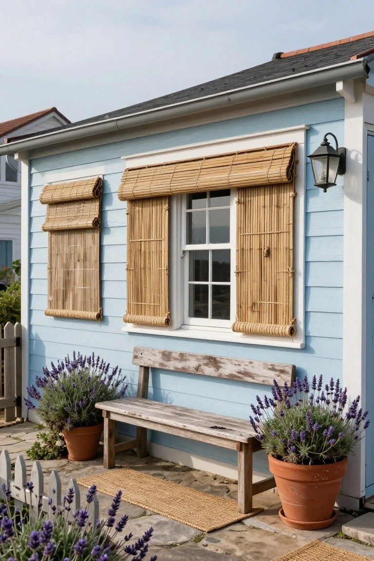 Light blue house exterior featuring rolled bamboo shades over two windows, wooden bench, large terracotta pots of lavender, picket fence, and stone path.
