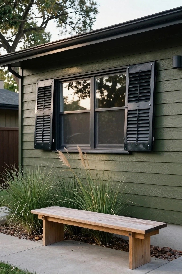 Green clapboard house wall with open black shutters framing a double window with dark screen, pampas grass plants nearby, and a wooden bench on a concrete sidewalk.