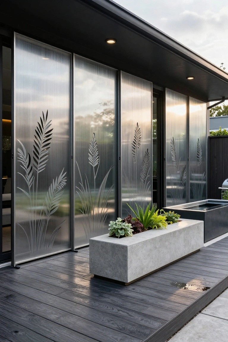 Tall sliding brushed metal panels with etched reed motifs on an outdoor deck, beside a concrete planter with succulents, dark wood decking, black spa, and barbecue grill under an overhanging roof.