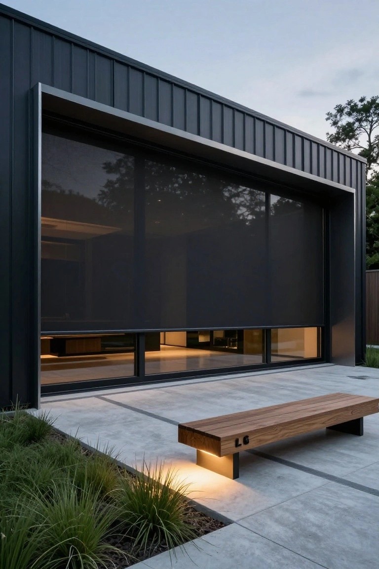 Modern house exterior with dark vertical metal cladding, large dark tinted roller shade covering floor-to-ceiling windows, lower fixed glass panels, wooden bench on concrete patio edged with grasses.