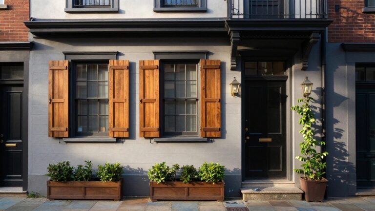 19 Exterior Window Privacy Covering Ideas That Still Feel Elegant Two-story house facade painted gray with black window frames, wooden plank shutters partially open on lower windows, black louvered shutters on upper windows, a second-floor balcony with railing, potted plants in black boxes, and ivy climbing one side.