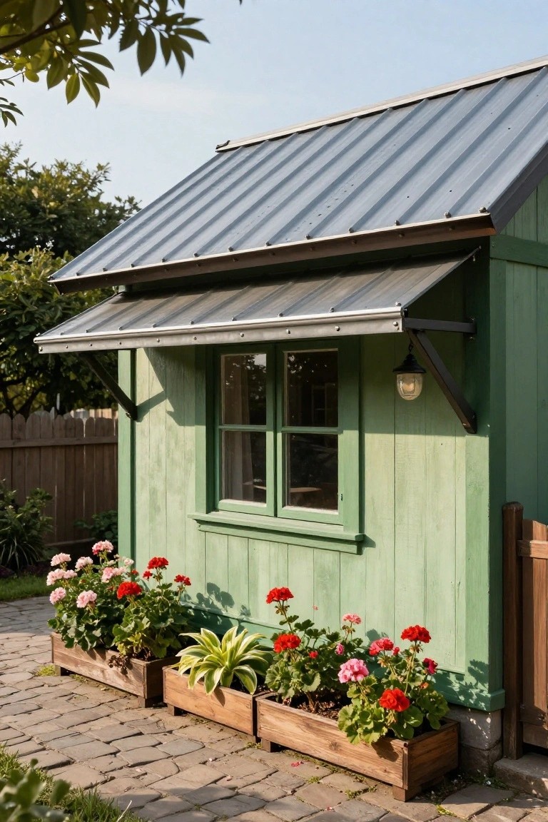 Green wooden shed with sloped metal roof and awning over a multi-pane window, wooden planters below filled with red geraniums and green plants along the base, on a cobblestone path next to a fence.