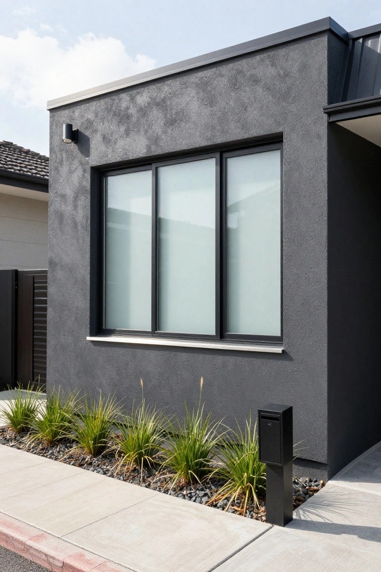 Side exterior of a modern gray textured house featuring large horizontal frosted glass windows, flanked by a black wall light and mailbox, with low ornamental grasses and rocks in a narrow bed along a concrete sidewalk.