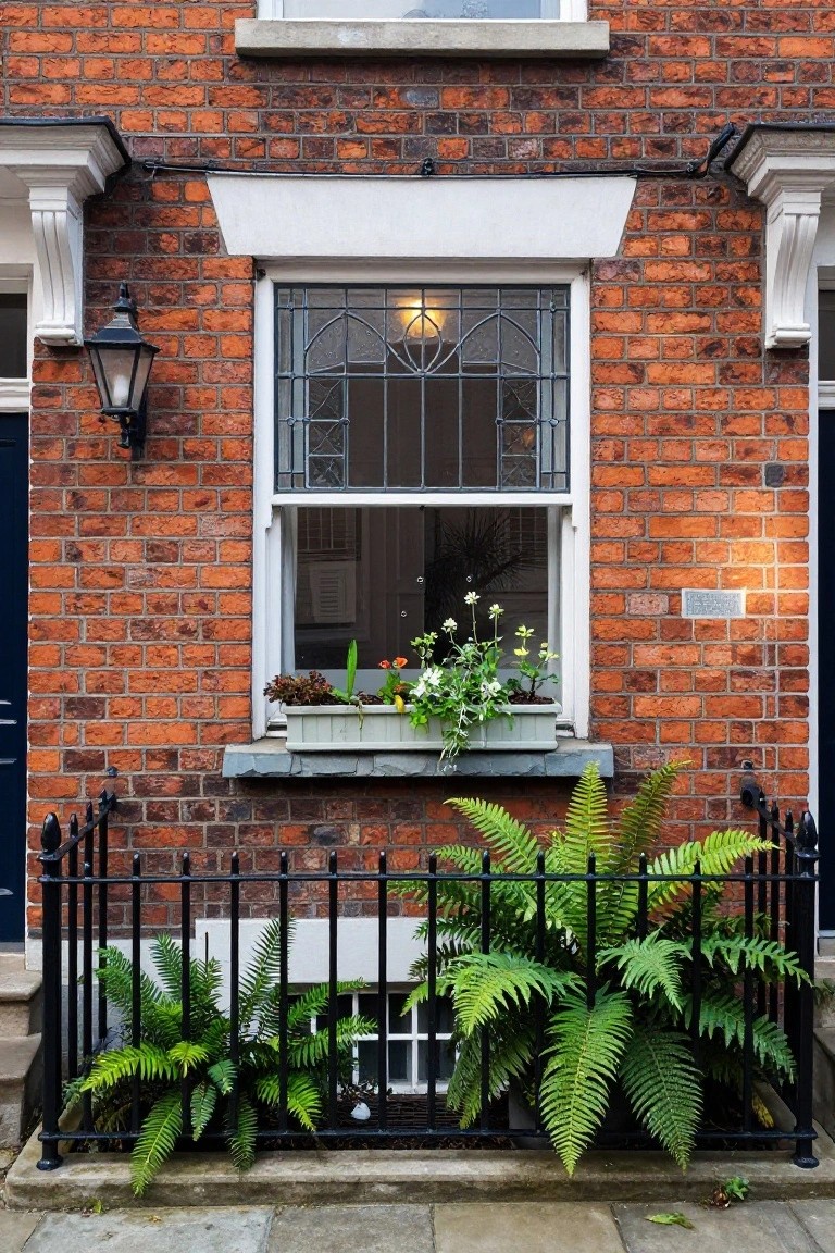Red brick townhouse facade with double-hung window featuring leaded glass upper sash, opaque white lower sash, flower window box, exterior lantern, and ferns planted along black wrought iron basement railing.