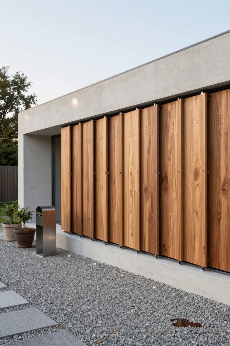 Stylish wooden lockers with concrete walls, surrounded by gravel and potted plants.