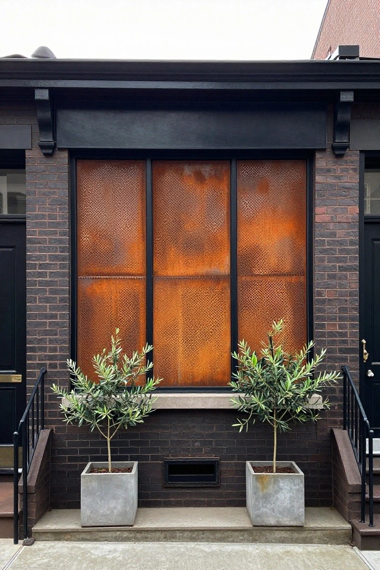 Modern black facade with rust-colored panel and potted olive trees on either side.